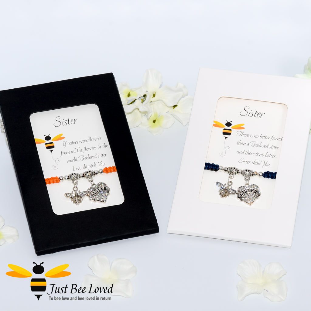 Shamballa wish charm bracelets featuring a bee and heart engraved with "Sister" and sister verse cards