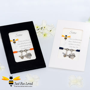 handmade  Shamballa wish charm bracelets featuring a bee and love heart engraved with "Sister" with sentimental verse display cards