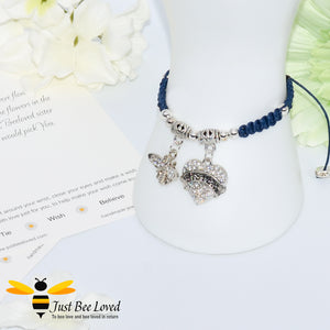 handmade navy Shamballa wish charm bracelet featuring a bee and love heart engraved with "Sister" with sentimental verse display card