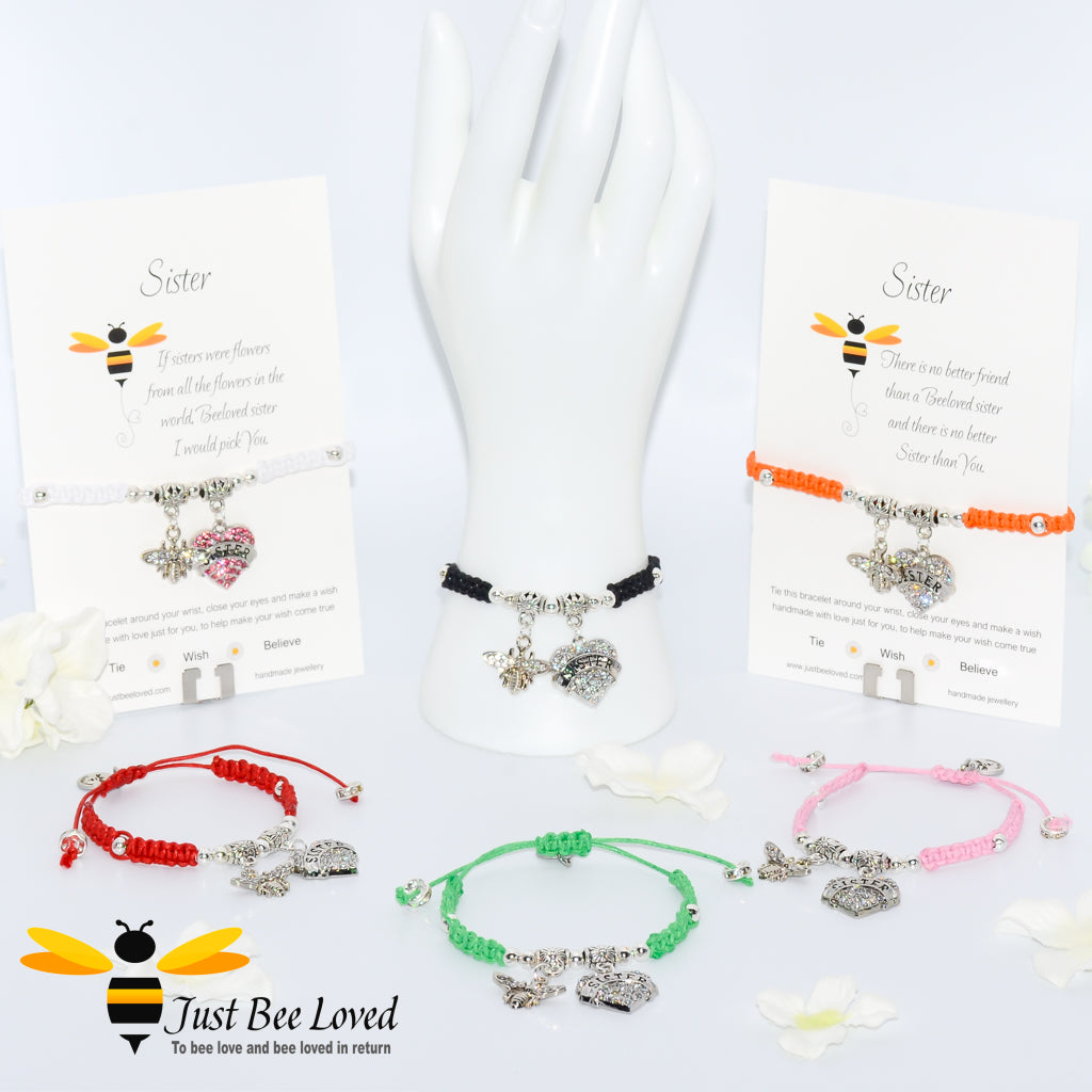 Shamballa wish charm bracelets featuring a bee and heart engraved with "Sister" with sentimental verse display cards.