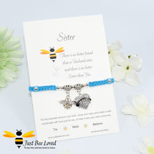 Load image into Gallery viewer, handmade Shamballa wish charm bracelet featuring a bee and love heart engraved with &quot;Sister&quot; with sentimental verse display card