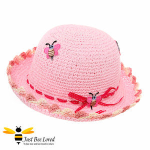 Girl's Pink Crocheted Straw Bowler Hat with Embroidered Bees and ribbons