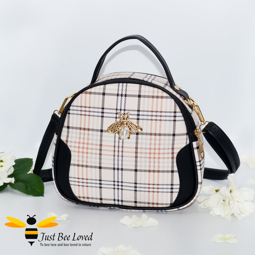 cream tartan pattern styled crossbody handbag with pearl bee embellishment in black