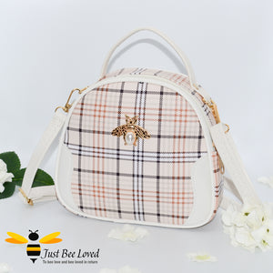 cream tartan pattern styled crossbody handbag with pearl bee embellishment in ivory