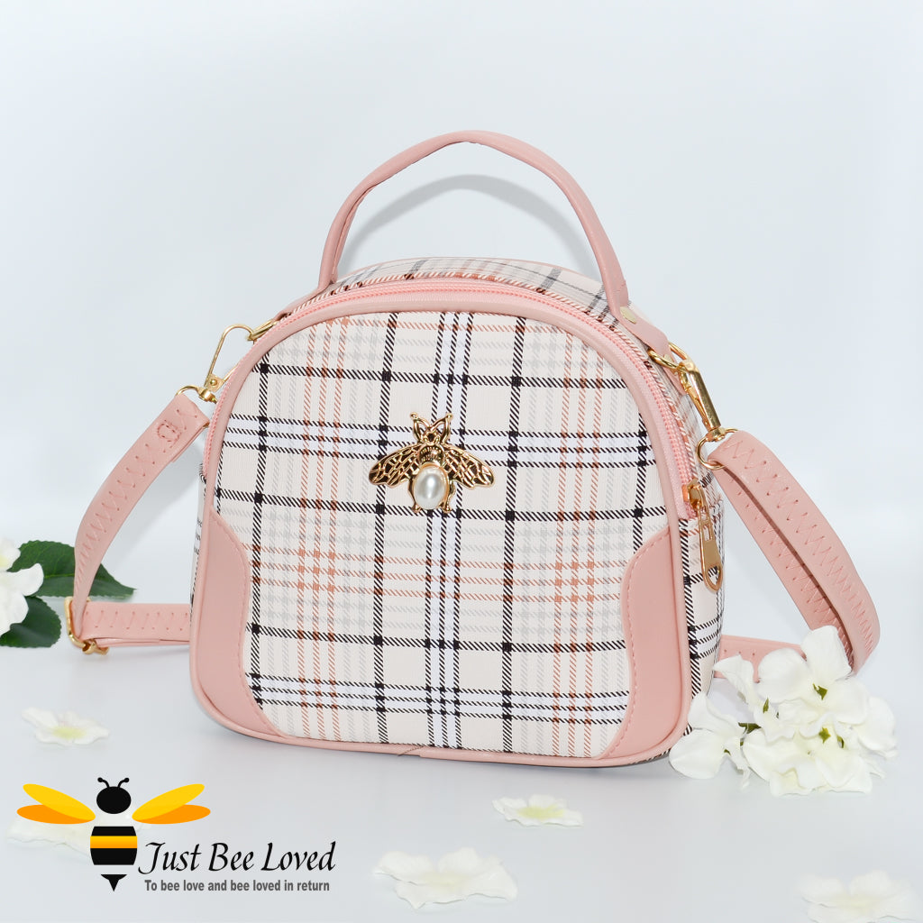 cream tartan pattern styled crossbody handbag with pearl bee embellishment in pink