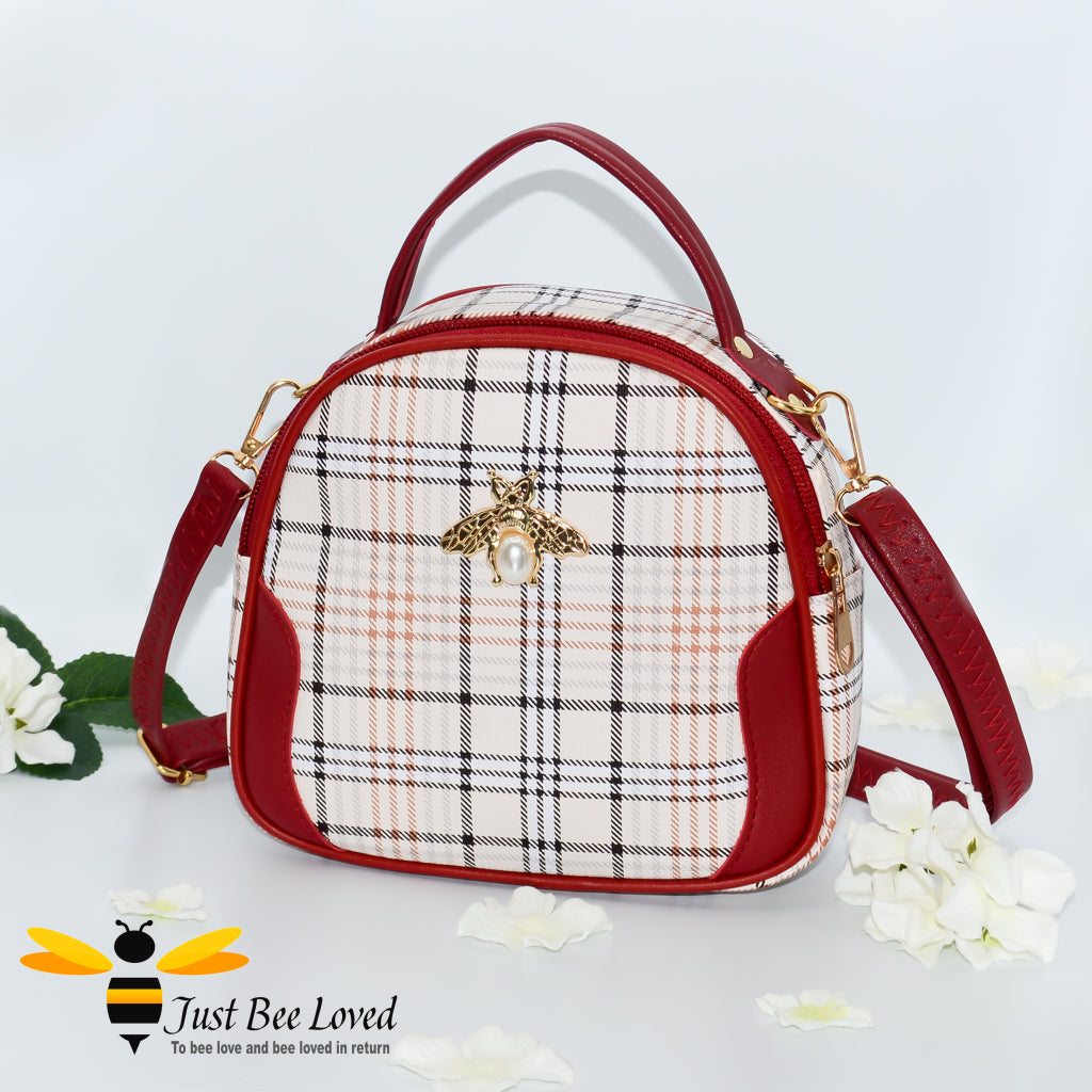 cream tartan pattern styled crossbody handbag with pearl bee embellishment in red