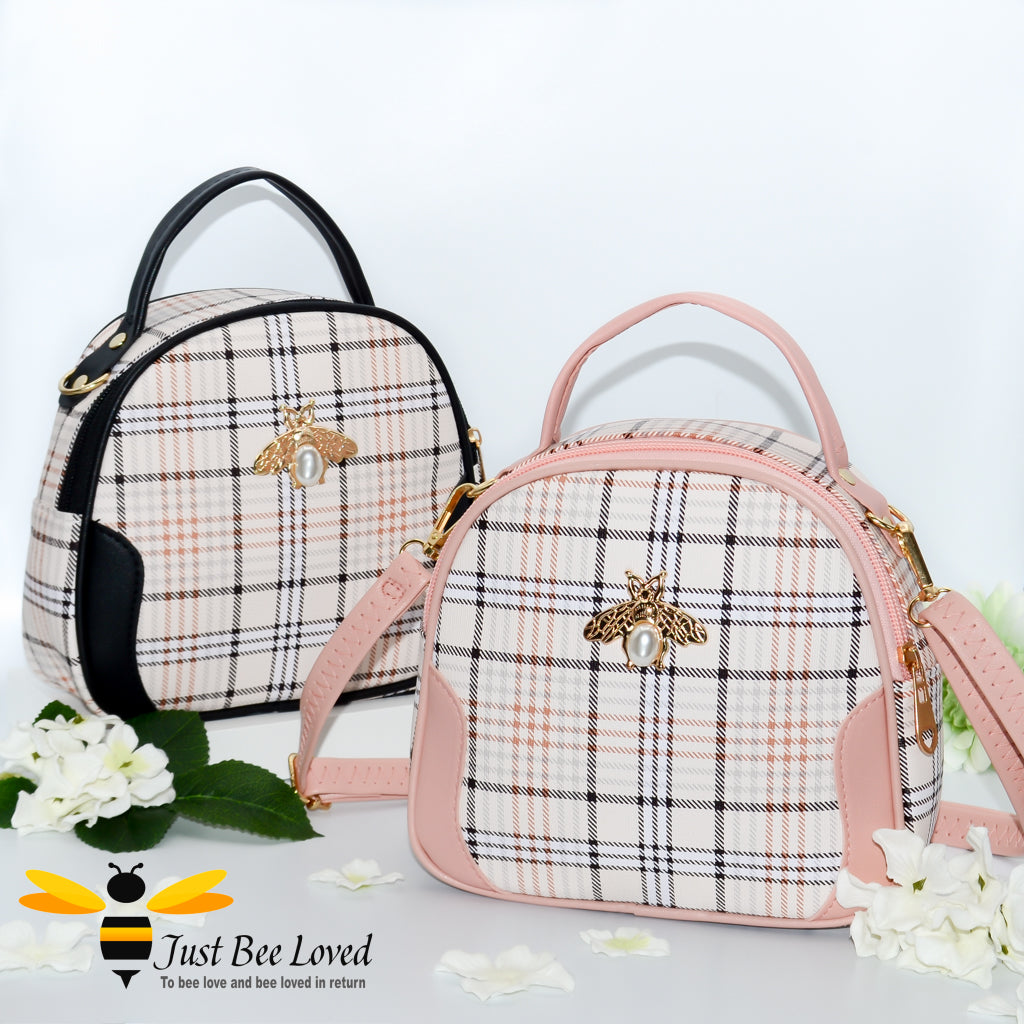tartan pattern styled crossbody handbags with pearl bee embellishment