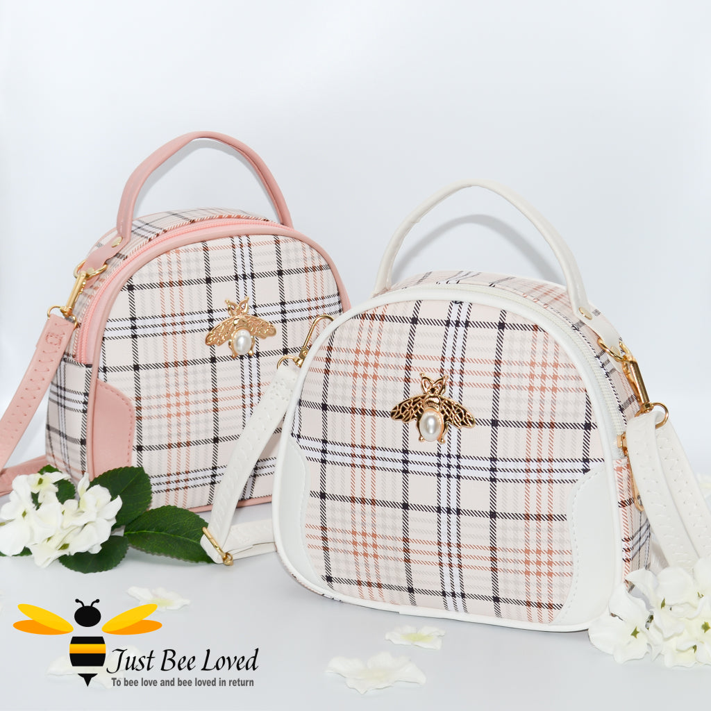 tartan pattern styled crossbody handbags with pearl bee embellishment