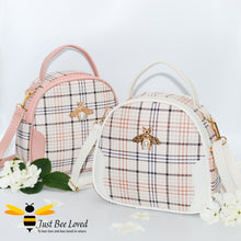Load image into Gallery viewer, tartan pattern styled crossbody handbags with pearl bee embellishment
