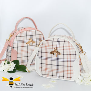 tartan pattern styled crossbody handbags with pearl bee embellishment