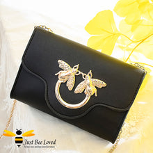 Load image into Gallery viewer, Just Bee Loved Elegant mini soft pu leather handbag with gold chain strap featuring large twin bees link embellishment in five colours, black, mustard, light green, orange and salmon pink