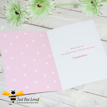 Load image into Gallery viewer, image of a pink bee themed new baby girl bee greeting card with honeycomb pattern.