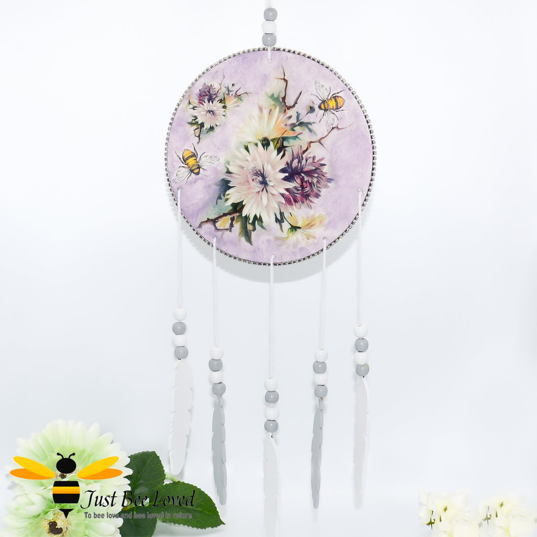 Handmade wooden dream catcher with bumble bees, purple flowers, crystals
