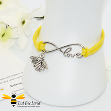 Load image into Gallery viewer, Handmade faux yellow suede leather bracelet featuring a bee charm with love link