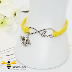 Handmade faux yellow suede leather bracelet featuring a bee charm with love link